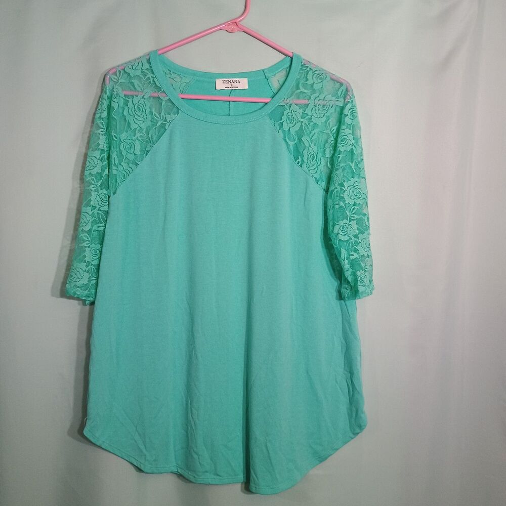 Zenana Women’s Mint Green Lace Sleeve Tunic Top – 3/4 Sleeve Casual Blouse